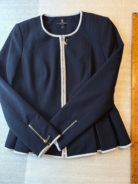Tommy Hilfiger Navy Zip-Front Peplum Jacket with Cream Trim